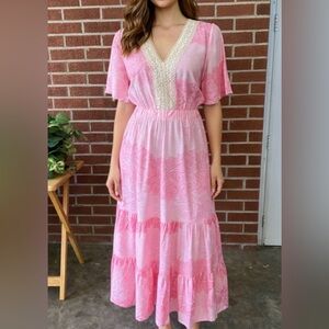 Anthropologie’s Sunday Mi Amor Maxi BOHO Pink Floral Lace Dress Women’s Small